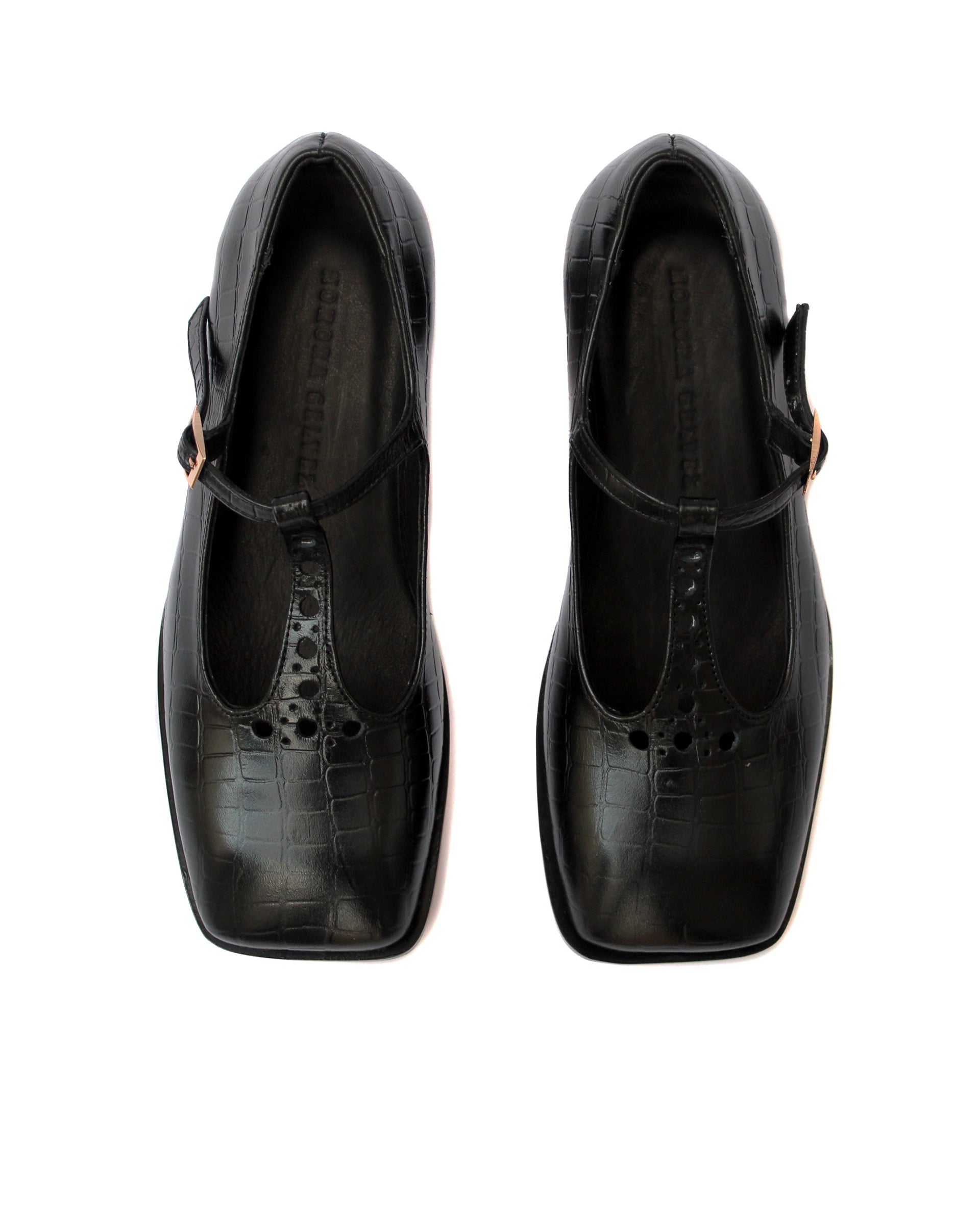 T STRAP MATILDA Cuero Croco Negro