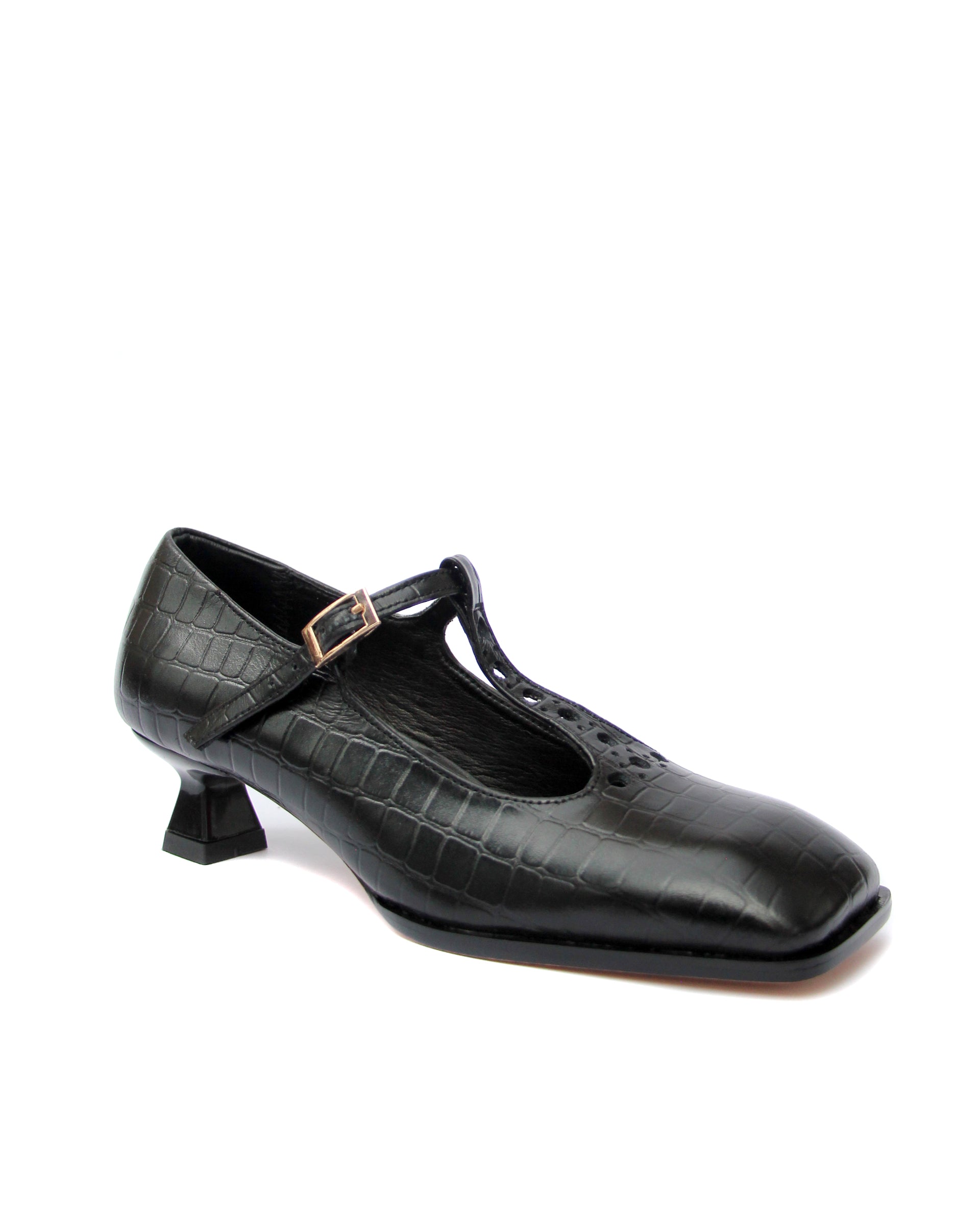 T STRAP MATILDA Cuero Croco Negro
